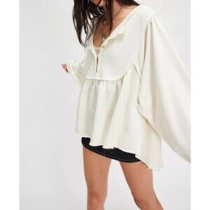 Free People About A Girl Pullover Sweatshirt Top Henley Flowy Cotton L 283055